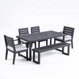 Noble House Nestor Outdoor 6-Seater Acacia Wood Dining Set with Bench, Sandblast Dark Gray and Light Gray