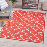 Makena Indoor Geometric 5 x 8 Area Rug, Red and Ivory Noble House