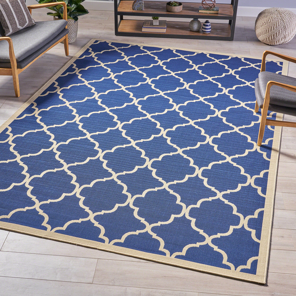 Serafin Indoor Geometric 8 x 11 Area Rug, Navy and Ivory Noble House