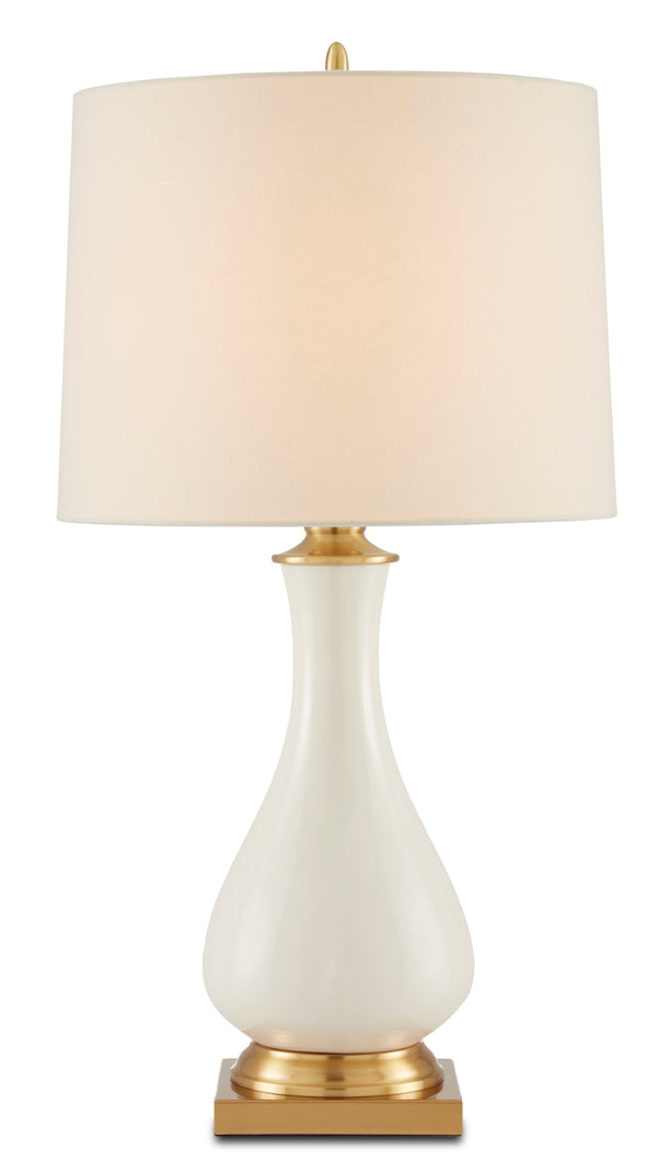 Lynton Cream Table Lamp - Elegant Ceramic Design with Brass Accents & Off-White Linen Shade, 31” Tall