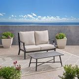 San Diego Outdoor Aluminum Loveseat and Coffee Table Set, Matte Black and Light Beige Noble House