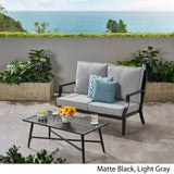 San Diego Outdoor Aluminum Loveseat and Coffee Table Set, Matte Black and Light Gray Noble House