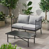 Vienne Outdoor Aluminum Loveseat and Coffee Table with Cushions, Light Gray and Matte Black Finish Noble House