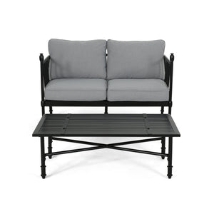 Vienne Outdoor Aluminum Loveseat and Coffee Table with Cushions, Light Gray and Matte Black Finish Noble House