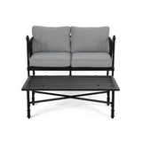 Vienne Outdoor Aluminum Loveseat and Coffee Table with Cushions, Light Gray and Matte Black Finish Noble House