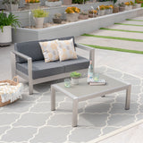 Aviara Outdoor Aluminum Loveseat and Tempered Glass-Topped Coffee Table, Silver and Gray Noble House