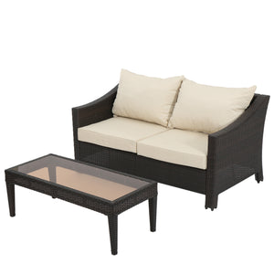 Antibes Outdoor Wicker Loveseat and Coffee Table with Cushions, Multibrown and Beige Noble House