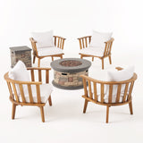 Everglade Outdoor Acacia Wood 4 Seater Club Chairs and Fire Pit Set, Teak and Stone Noble House