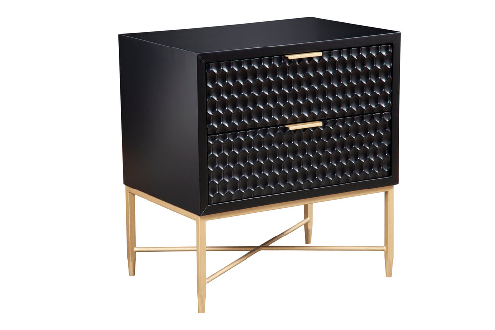 Black Pearl Nightstand with Textured Drawers & Gold Accents - Sophisticated Modern Bedroom Storage