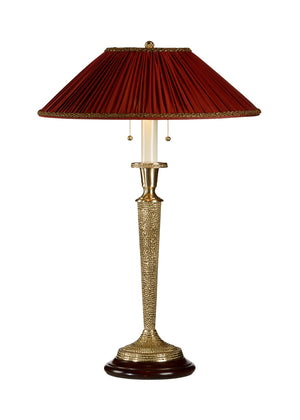Jeweler's Hammered Antique Brass Lamp with Burgundy Silk Shade - Elegant Home Decor Accent Piece