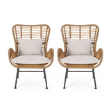 Noble House Montana Indoor Wicker Club Chairs with Cushions (Set of 2), Light Brown and Beige