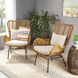 Noble House Montana Indoor Wicker Club Chairs with Cushions (Set of 2), Light Brown and Beige