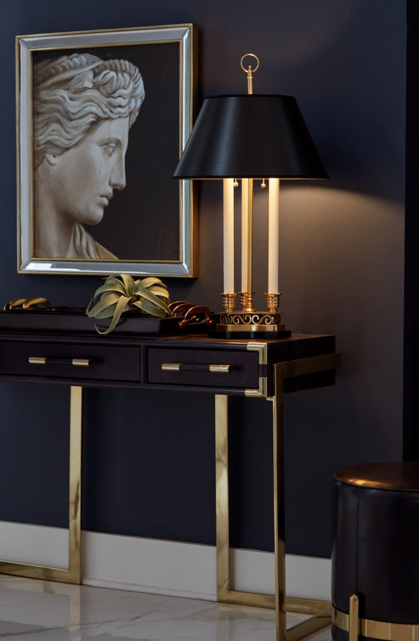 Thea Antique Brass Triple Candle Table Lamp with Elegant Black Shade – Stylish Home Decor Accent