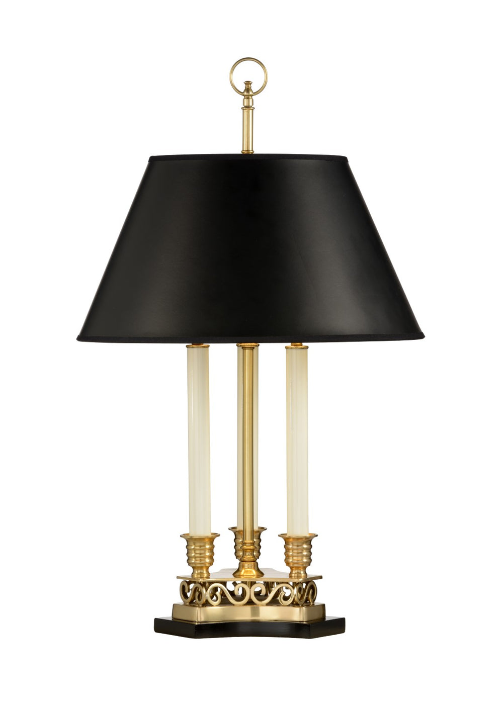 Thea Antique Brass Triple Candle Table Lamp with Elegant Black Shade – Stylish Home Decor Accent