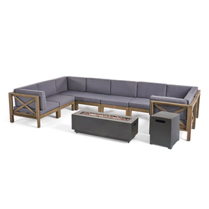 Thasos Outdoor Farmhouse Acacia Wood 8 Seater U-Shaped Sectional Sofa Set with Fire Pit, Gray and Dark Gray Noble House