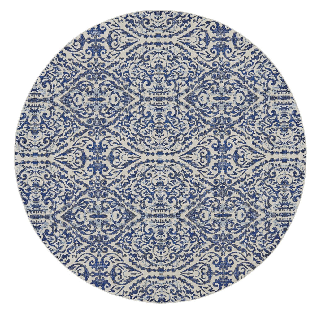 Milton Scroll Print Textured Rug, Estate Blue, 8ft - 9in x 8ft - 9in Round