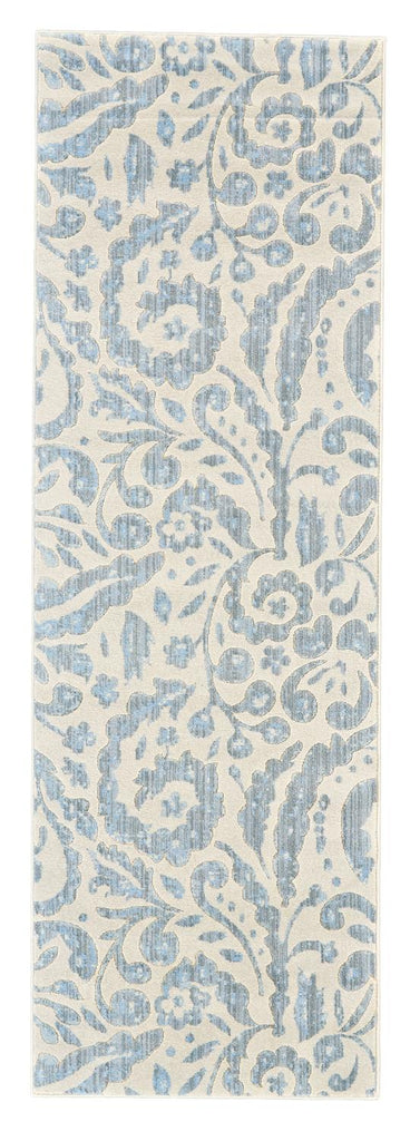 Milton Contemporary Print Floral Rug, Misty Blue/Ivory, 2ft - 7in x 8ft, Runner