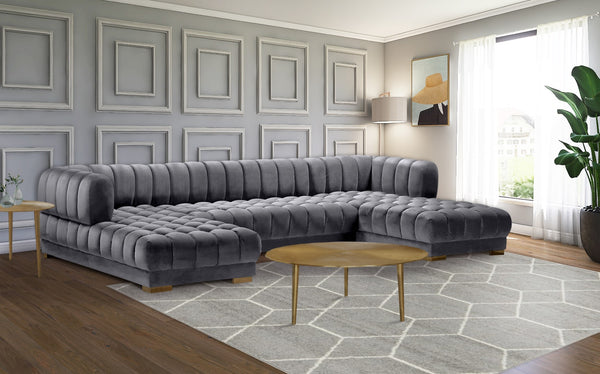 Gwen Velvet / Engineered Wood / Iron / Foam Contemporary Grey Velvet 3pc. Sectional (3 Boxes) - 143" W x 70" D x 28" H