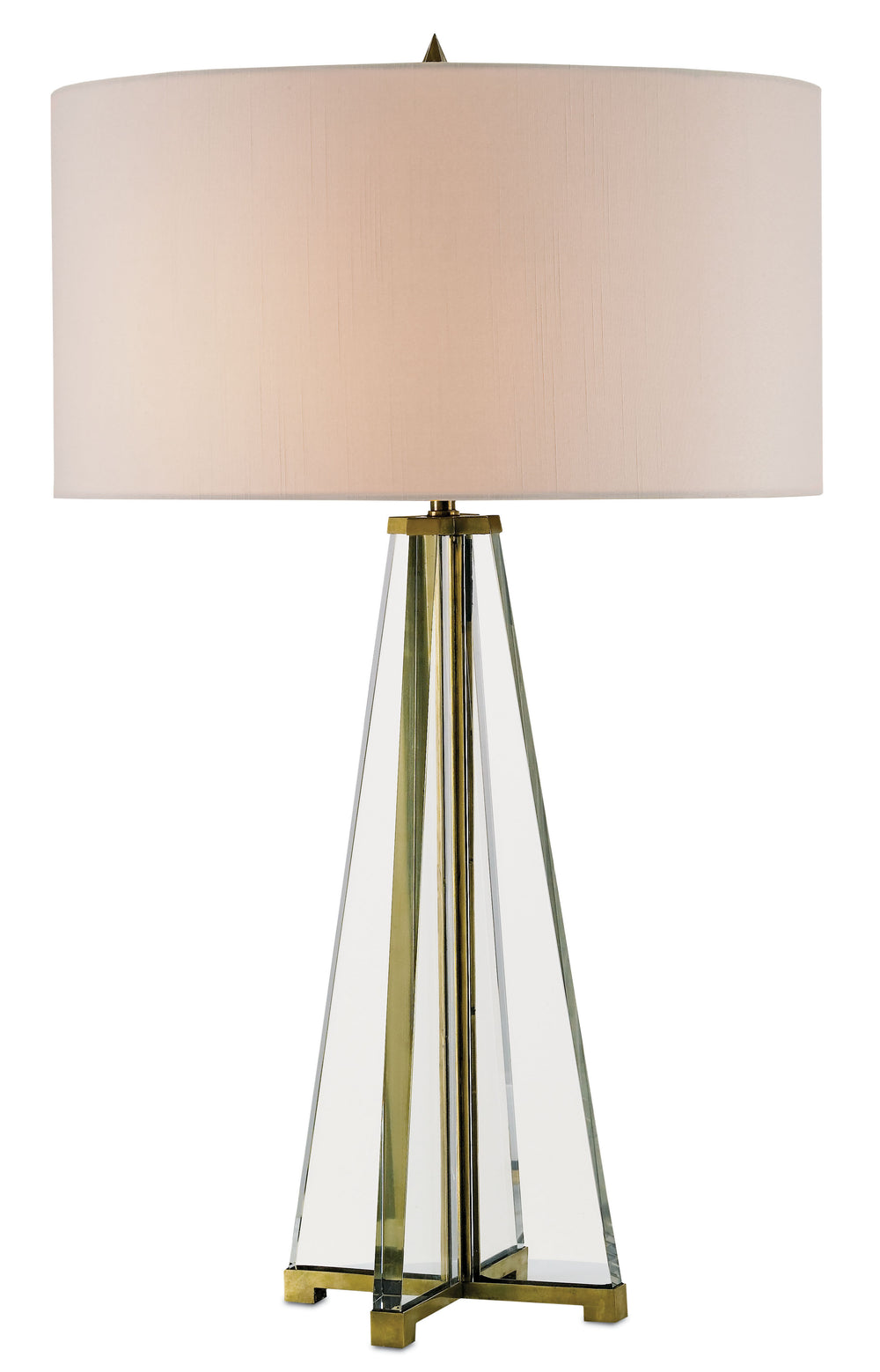 Lamont Table Lamp: Elegant Optic Crystal Design with Brass Base & Off-White Shantung Shade, 30” Tall