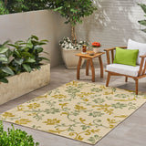  Bursaw Outdoor 5'3" x 7' Botanical Area Rug, Ivory and Green Noble House