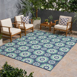 Marakesh Outdoor 7'10" x 10' Medallion Area Rug, Navy and Green Noble House