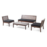 Caswell Outdoor Acacia Wood Chat Set with Coffee Table, Dark Brown and Black Noble House