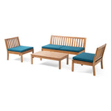 Caswell Outdoor Acacia Wood Chat Set with Coffee Table, Teak and Dark Teal Noble House