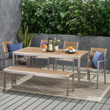 Cape Coral Outdoor Modern Aluminum 6 Seater Dining Set with Dining Bench, Natural and Silver Noble House