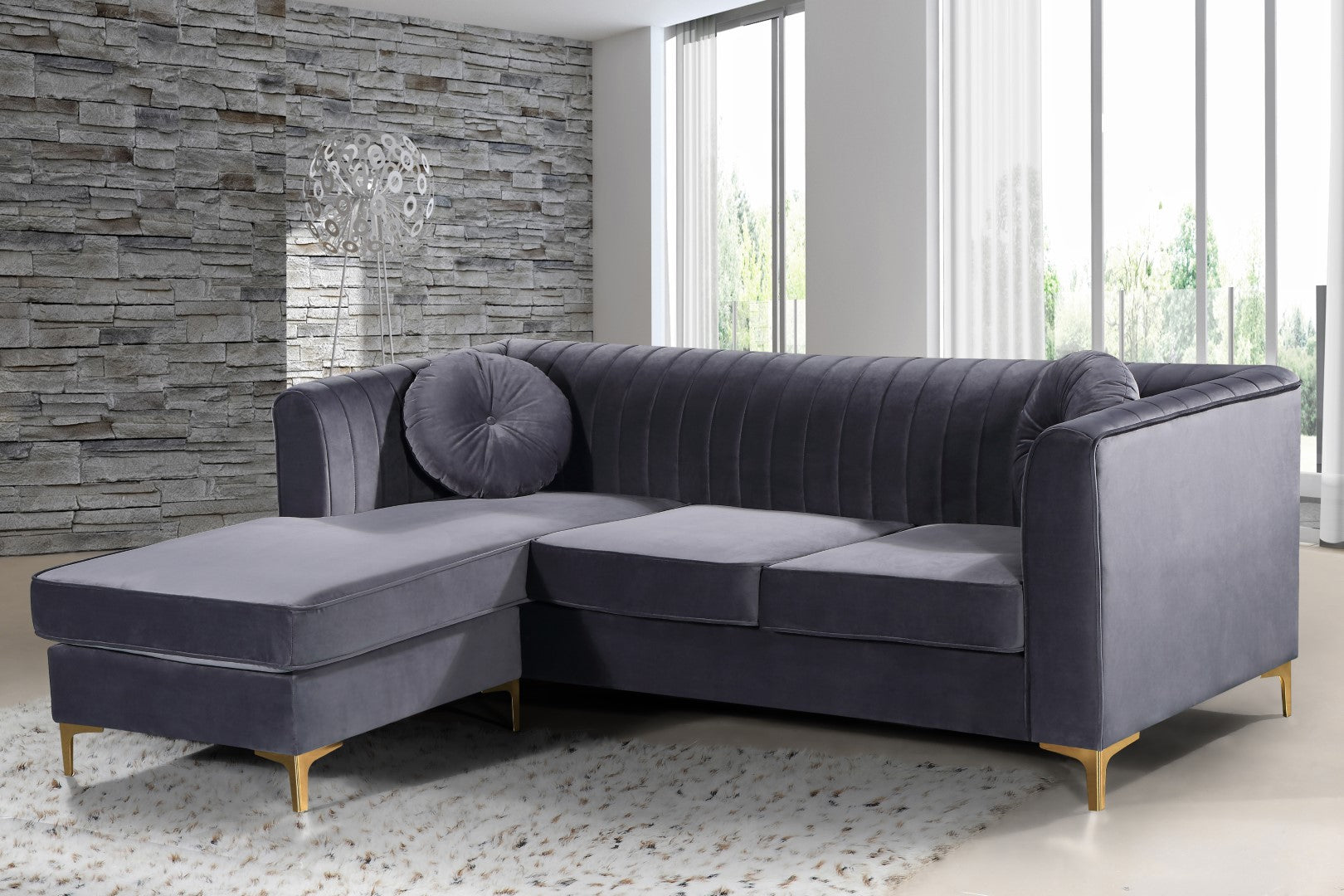 Eliana Grey Velvet Reversible Sectional Sofa - Thumbnail 2