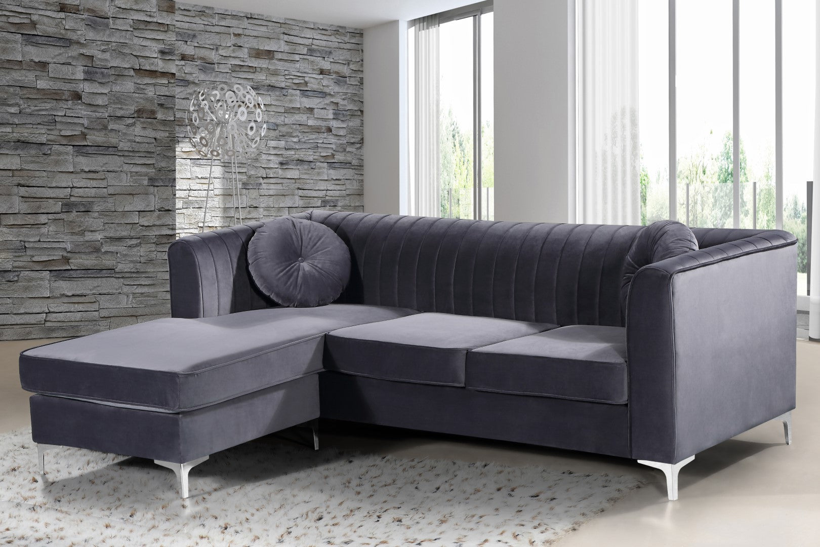 Eliana Grey Velvet Reversible Sectional Sofa - Thumbnail 3
