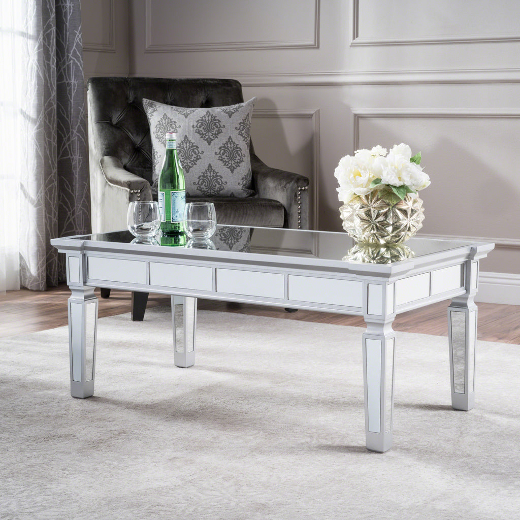 Solanna Mirror Finished Faux Wood Coffee Table Noble House
