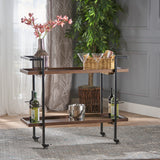 Gerard Modern Industrial 2-Tier Wood Bar Cart with Wheels, Dark Walnut and Black Noble House