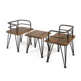 Zion Outdoor Industrial 3 Piece Teak Finish Acacia Wood End Table Chat Set with Rustic Metal Finish Iron Frame