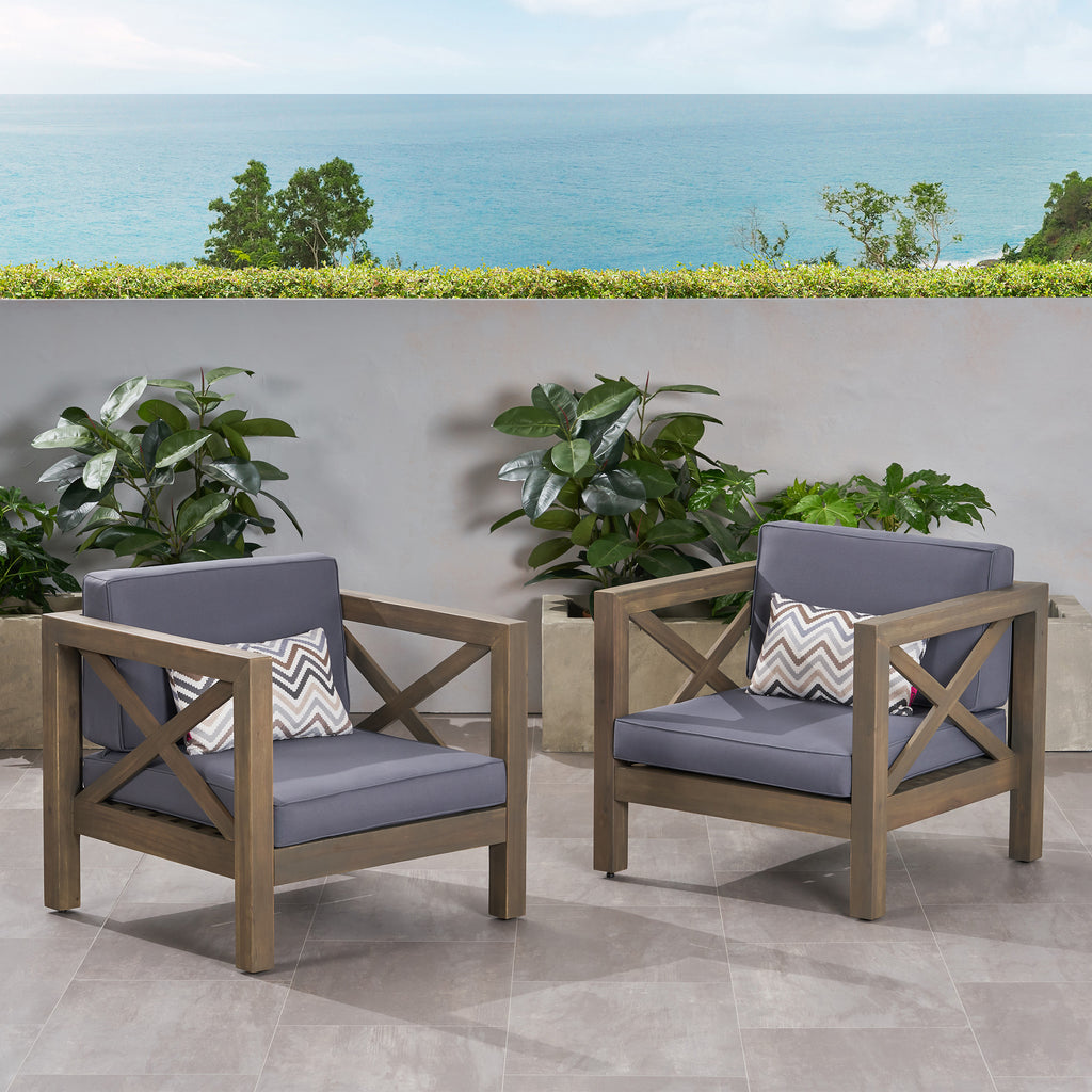 Brava Outdoor Acacia Wood Club Chairs with Cushions, Gray Finish and Dark Gray Noble House