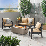 Kalo Outdoor 4 Seater Wicker Chat Set with Fire Pit, Brown and Tan Noble House