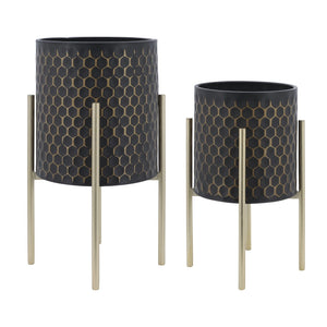 Sagebrook Home Contemporary Set of 2 -  3d  Honeycomb Planter On Metal Stand, Blk/gld 12629-20 Black Iron