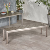 Cape Coral Outdoor Modern Aluminum Dining Bench with Faux Wood Seat, Gray and Silver Noble House