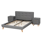 Jonesy Mid-Century Modern Transitional Grey Fabric Upholstered Queen Size 3-Piece Bedroom Set 