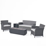 Noble House St. Lucia Outdoor 4 Seater Wicker Chat Set with Fire Pit, Gray and Silver and Dark Gray