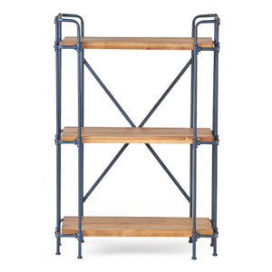 Noble House Yorktown Industrial 3 Shelf Firwood Bookcase, Antique Brown, Blue, and Black