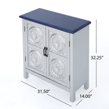 Alana Modern Firwood Cabinet With Carved Panels, Silver and Navy Blue Noble House