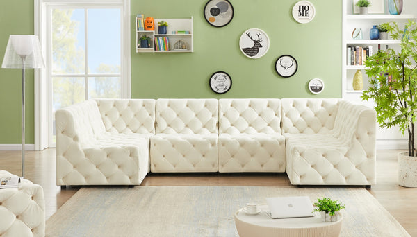 Tuft Velvet / Engineered Wood / Foam Contemporary Cream Velvet Modular Sectional - 128" W x 64" D x 32" H