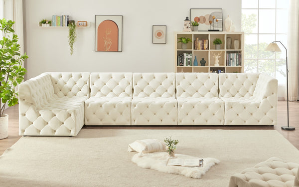 Tuft Velvet / Engineered Wood / Foam Contemporary Cream Velvet Modular Sectional - 157" W x 64" D x 32" H
