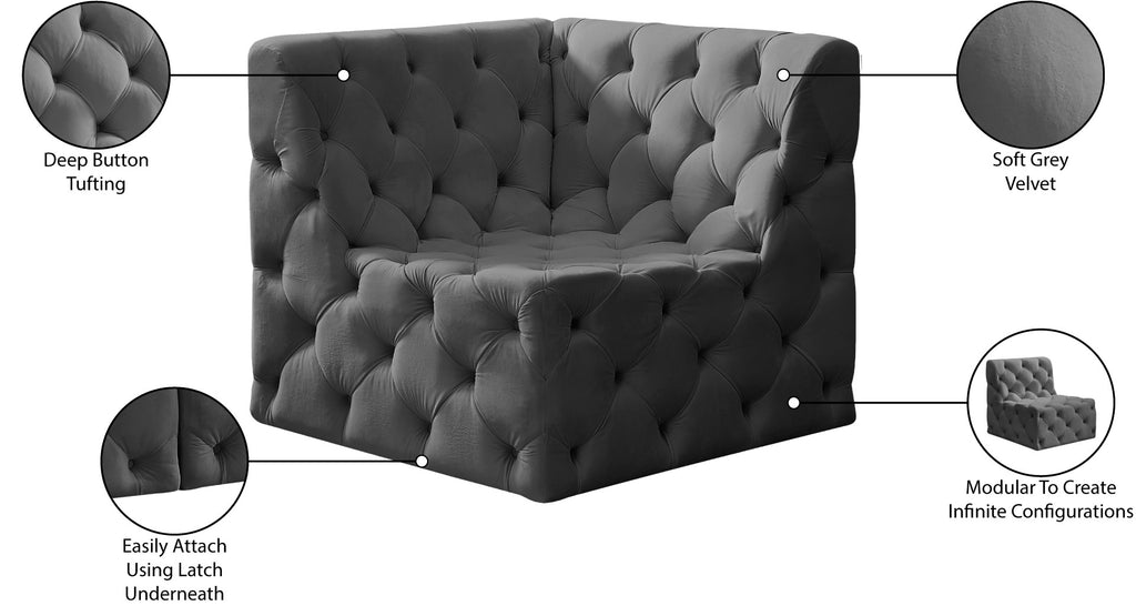 Tuft Velvet / Engineered Wood / Foam Contemporary Grey Velvet Corner Chair - 35" W x 35" D x 32" H