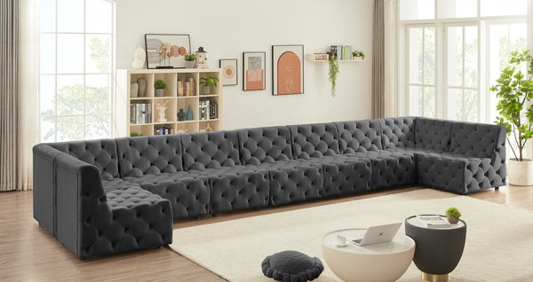 Tuft Velvet / Engineered Wood / Foam Contemporary Grey Velvet Modular Sectional - 215" W x 64" D x 32" H
