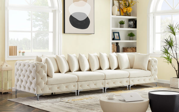 Tremblay Velvet / Engineered Wood / Metal / Foam Contemporary Cream Velvet Modular Sofa - 138" W x 39" D x 33" H