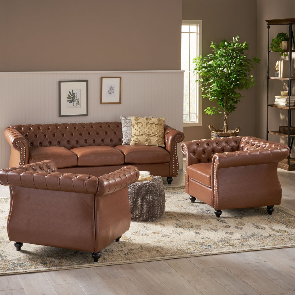 Silverdale Traditional Chesterfield 3 Piece Living Room Set, Cognac Brown and Dark Brown Noble House