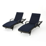 Salem Outdoor Grey Wicker Arm Chaise Lounges with Navy Blue Water Resistant Cushions Noble House