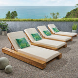 Broadway Outdoor Acacia Wood Chaise Lounge and Cushion Sets, Teak and Cream Noble House
