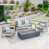 Aviara Outdoor 4-Seater Aluminum Chat Set with Fire Pit and Tank Holder, Silver with Khaki and Dark Gray Noble House